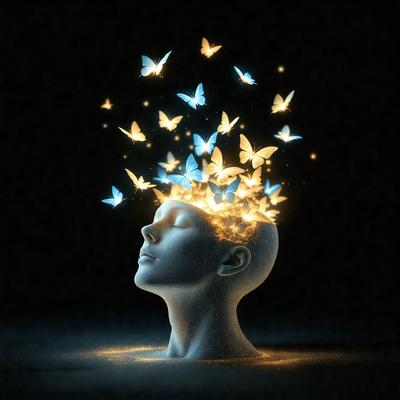 The primary subject of the image is a close-up of a person's head, with a light shining on it. The setting is a dark background, and the visual style appears to be a digital art or illustration. The colors and mood of the image are predominantly blue, creating a calm and serene atmosphere.